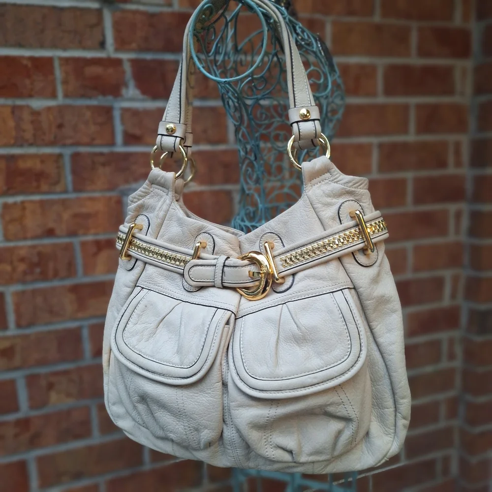 B. Makowski Soft Real Leather Women's Shoulder Bag Gold Studded Purse Y2K Beige - Picture 12 of 17